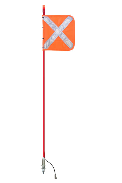 Buggy whip with an attached LED light and safety flag, designed to improve the visibility and safety of off-road vehicles, featuring a bright and flexible lighted construction for secure mounting.