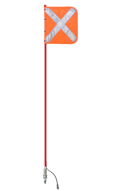 Buggy whip with an attached safety flag in the off position, designed to enhance the visibility and safety of off-road vehicles, featuring a durable and flexible build.