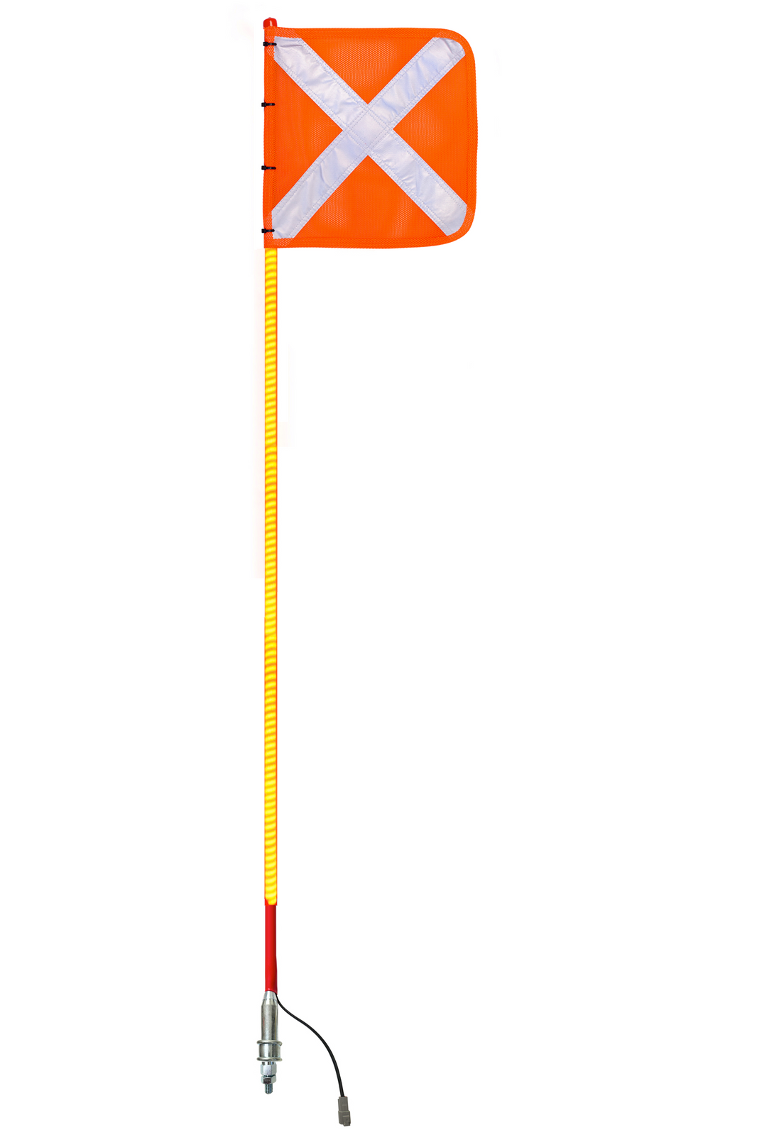 Buggy whip with an integrated light, designed to enhance visibility and safety for off-road vehicles, featuring a durable and flexible construction for secure mounting.