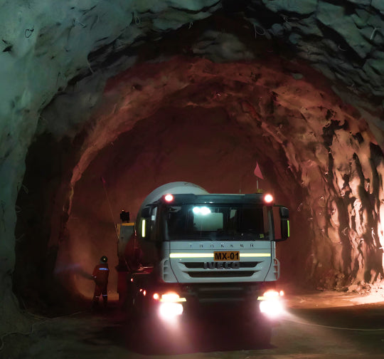 A large yellow mine truck equipped with a buggy whip and safety flag, enhancing its visibility and safety in the mining environment.
